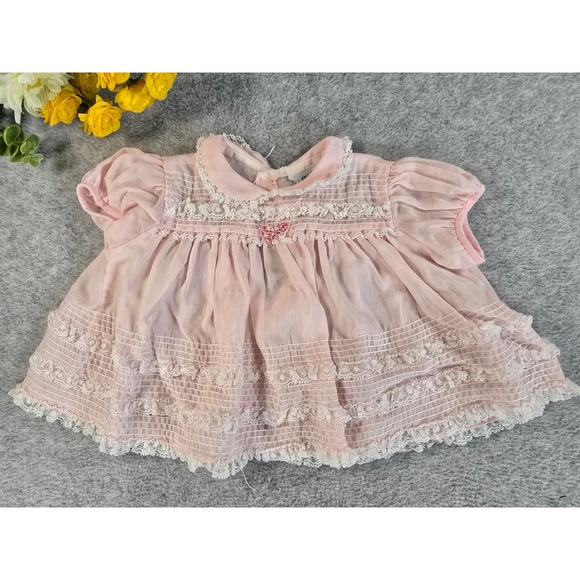 Nannette Other - Vintage Nannette Pink Sheer Lace Pintuck Baby Dress Made in USA 1960s 0-6m